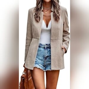 Chouyatou Casual Business Open Front Blazer Jacket Sz S Beige Herringbone NWT